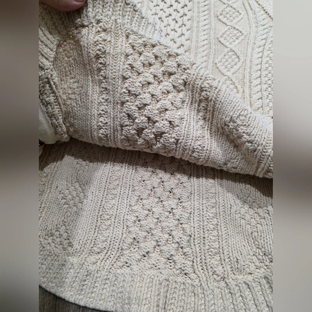 LL BEAN SIGNATURE FISHERMEN Cream Cable Knit Sweater Coastal Nautical Wool